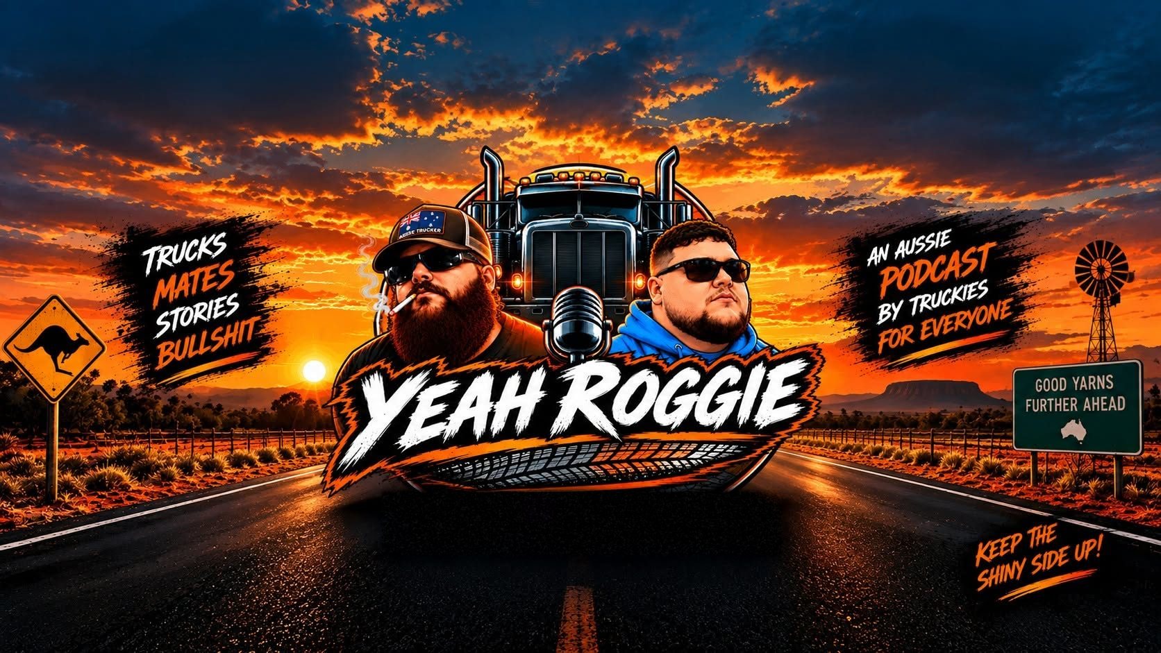 Yeah Roggie: the two hosts in sunglasses in front of a chrome-grilled truck and a vintage microphone, on an outback highway at sunset