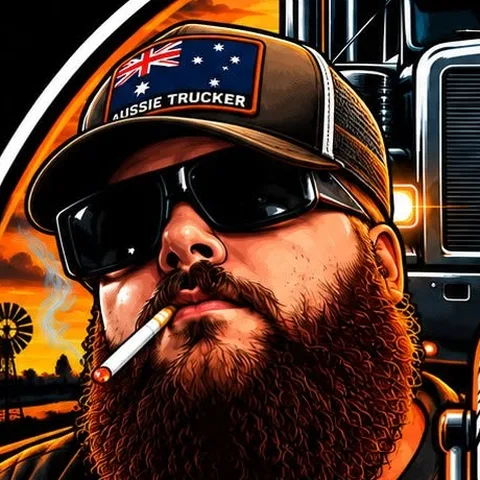 Illustration of host one: big red beard, trucker cap with an Australian flag patch, and sunglasses